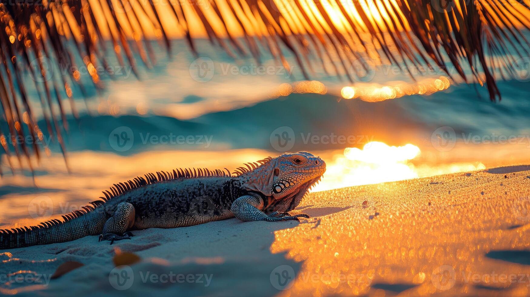Iguana resting on the beach at sunset under palm fronds photo