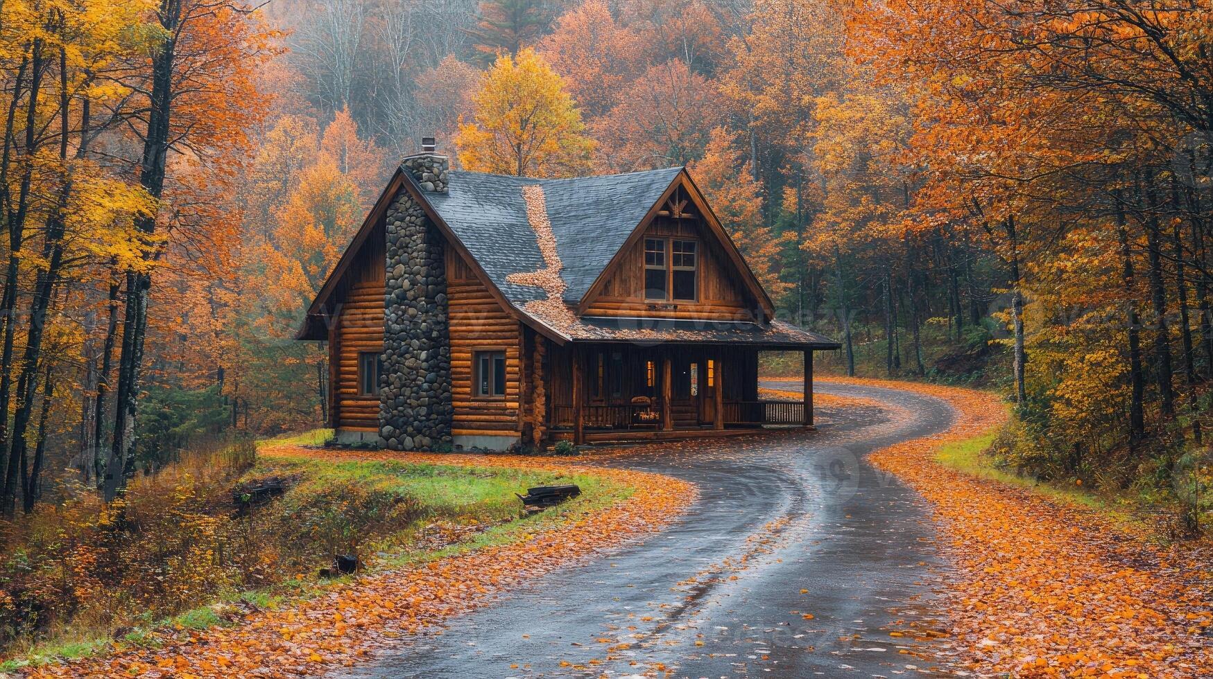 Cozy log cabin glowing in the autumn forest during rainfall photo