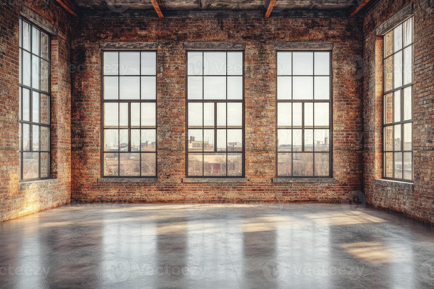 Empty industrial loft with large windows and city view showing sunlight and shadows photo