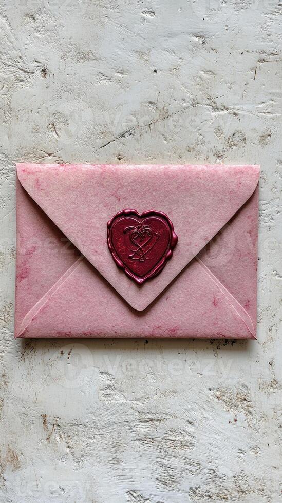 Pink envelope sealed with red heart shaped wax seal on white background photo