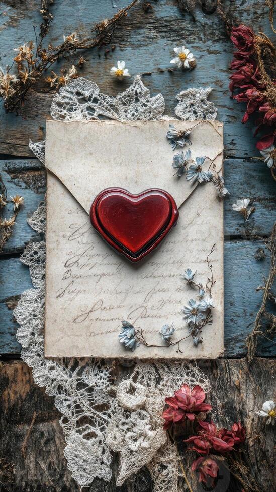 Old envelope sealed with red wax and decorated with dried flowers and lace photo