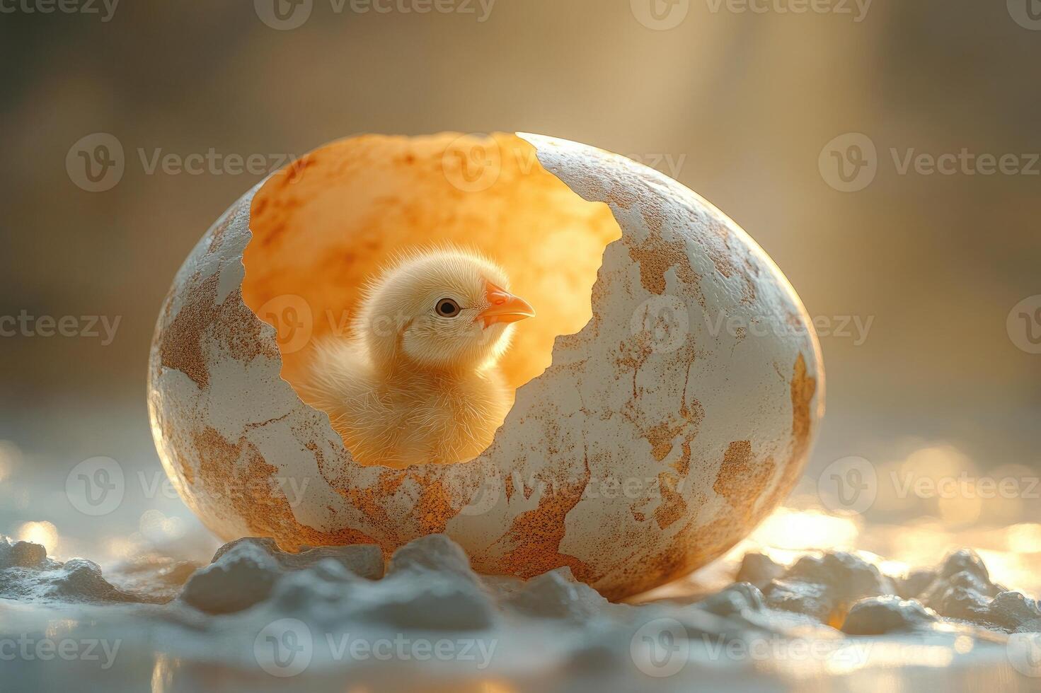 Little chick hatching from golden egg in warm sunlight photo