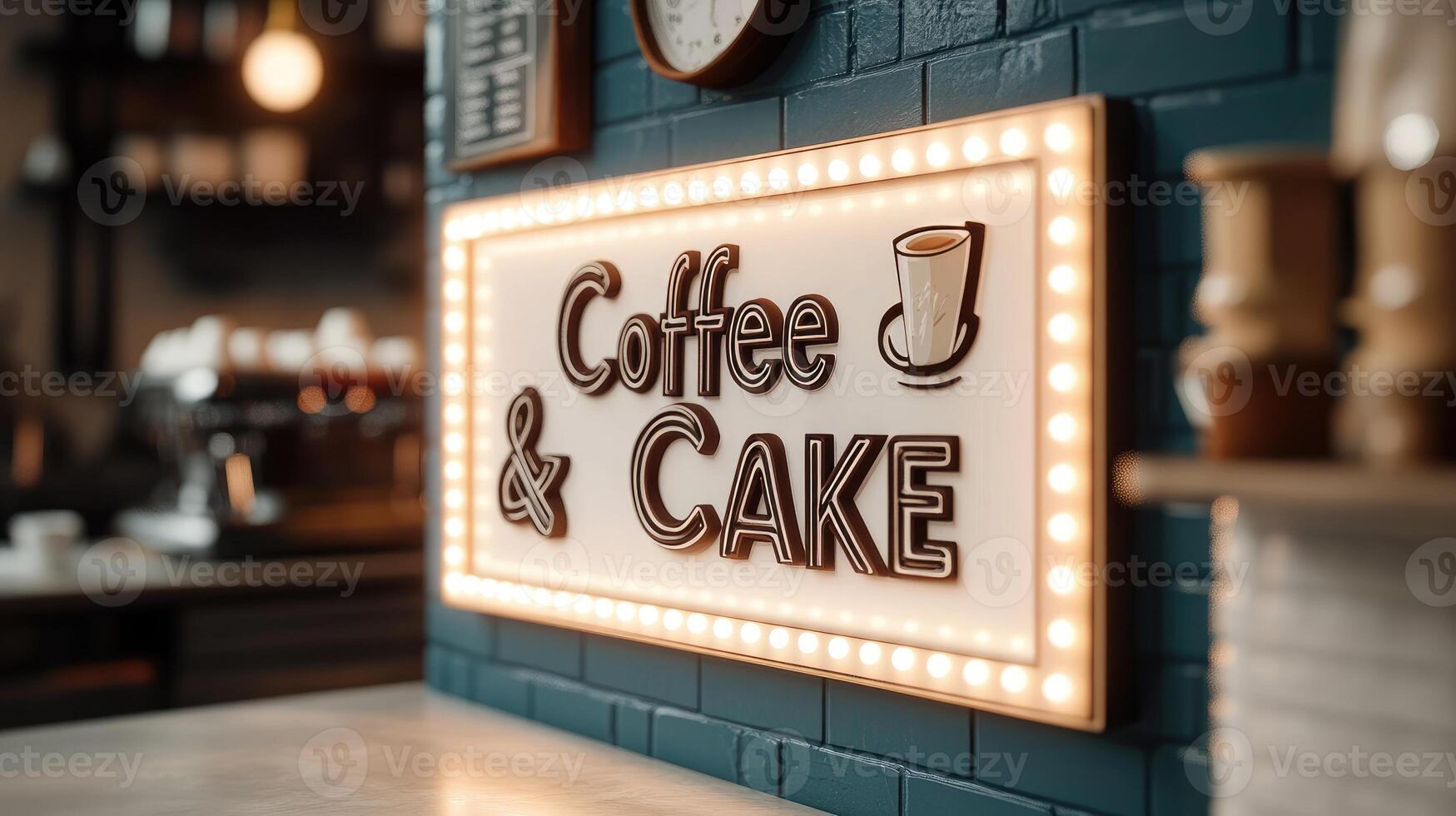 Illuminated coffee and cake sign hanging on a textured teal wall photo