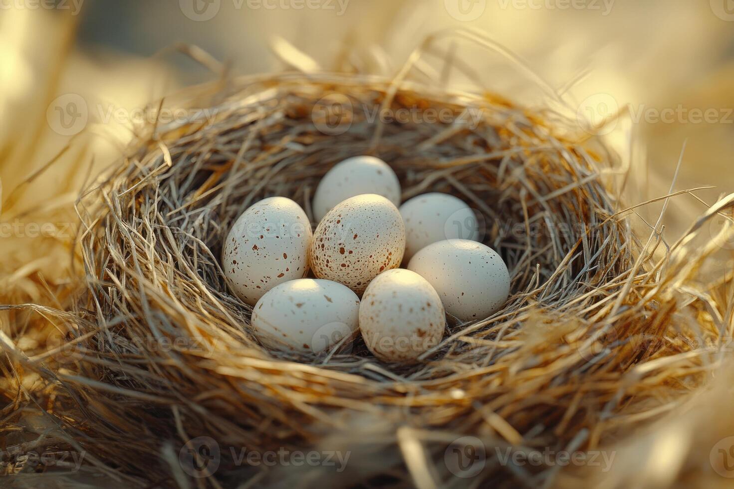 Bird nest holding several spotted eggs during golden hour photo