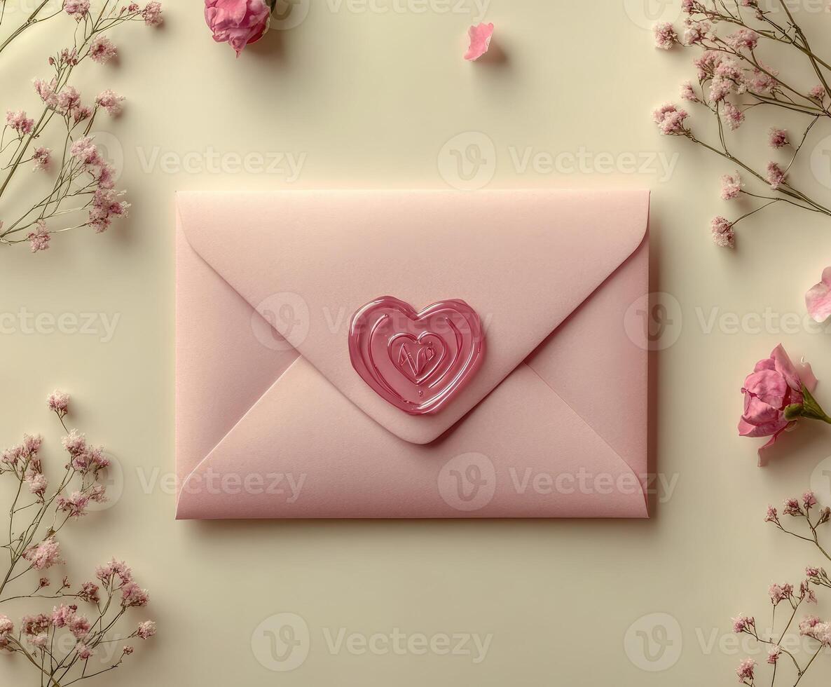 Pink envelope with heart-shaped seal and flowers celebrating love and romance photo