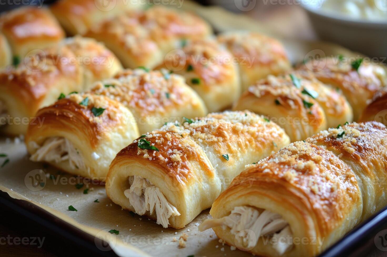 Delicious puff pastry bundles with chicken and cheese filling, sprinkled with grated parmesan and parsley photo