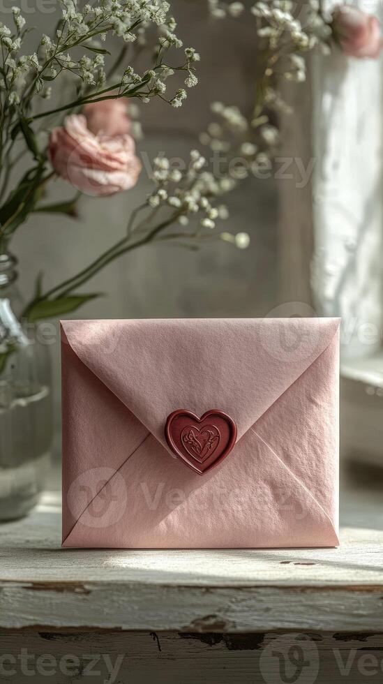 Pink envelope with heart representing love and affection surrounded by flowers photo
