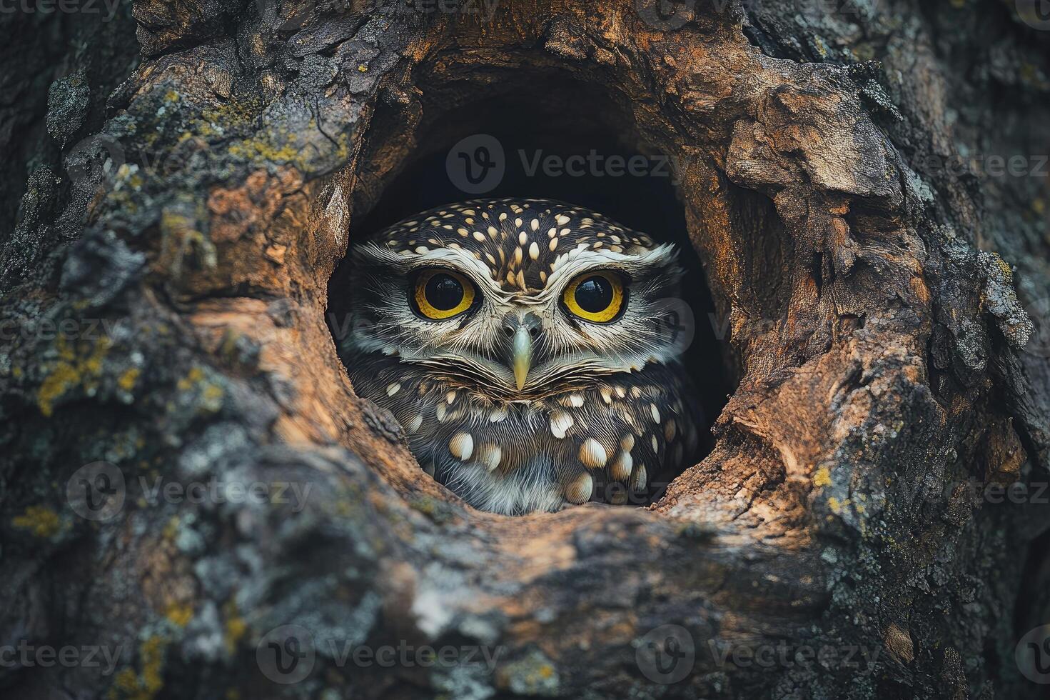 Owl staring from tree hollow, close-up of wild bird photo