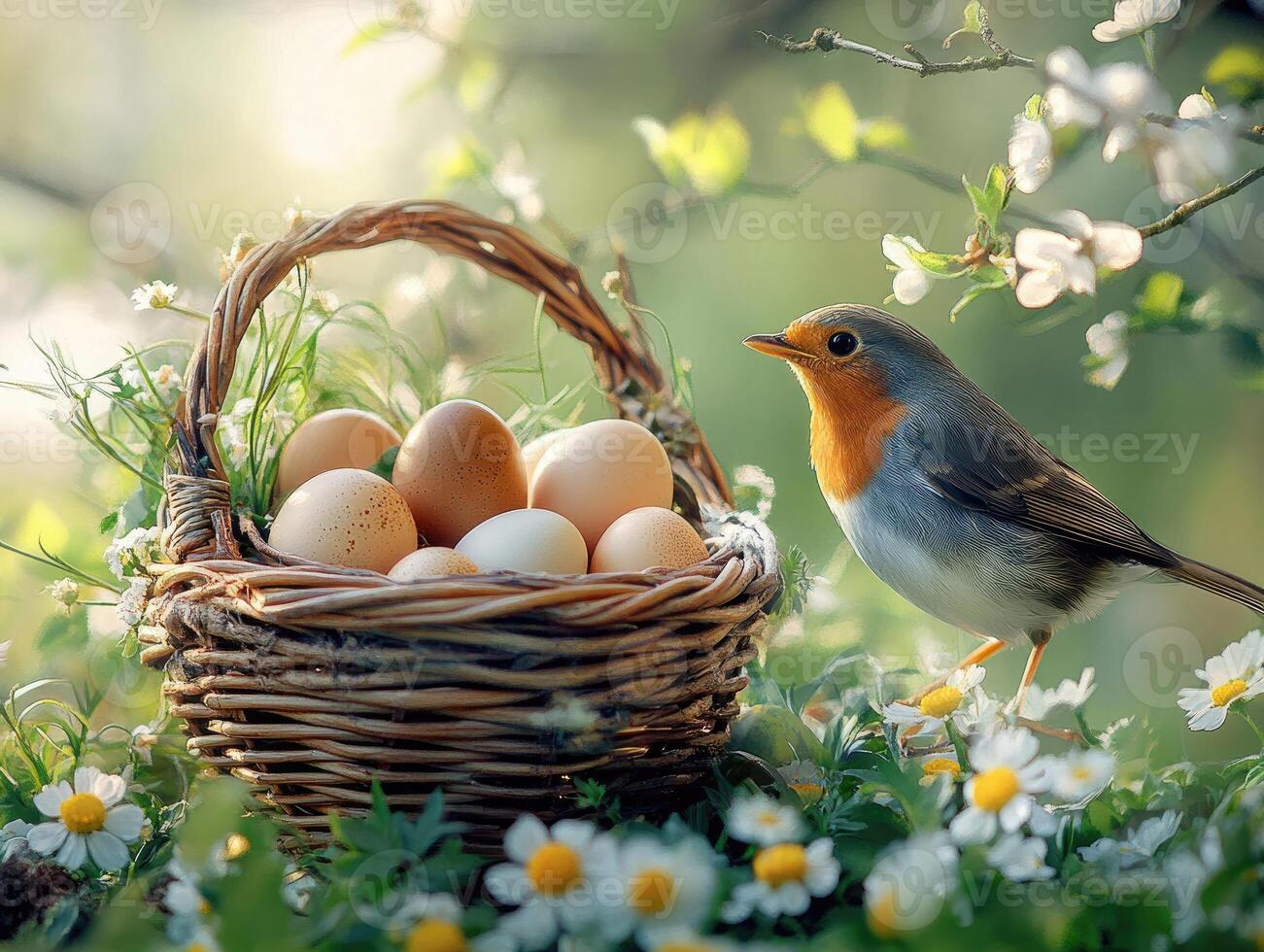 Easter eggs in basket with singing bird in spring meadow at sunset photo