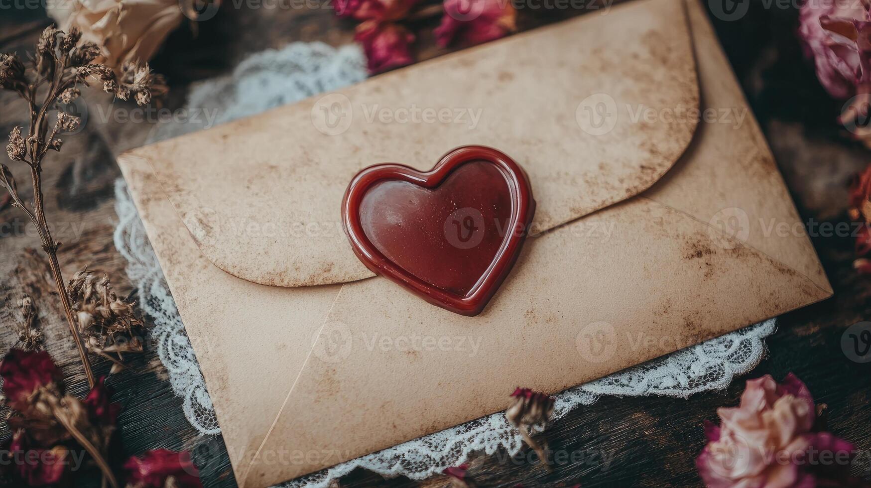 Old envelope sealed with red wax and heart stamp lying on wooden table photo