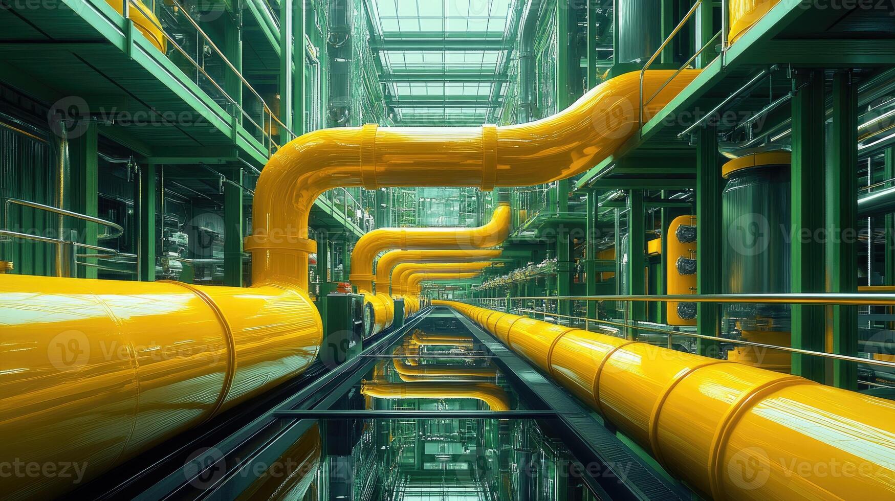 Yellow pipes distributing gas or liquids in industrial plant photo