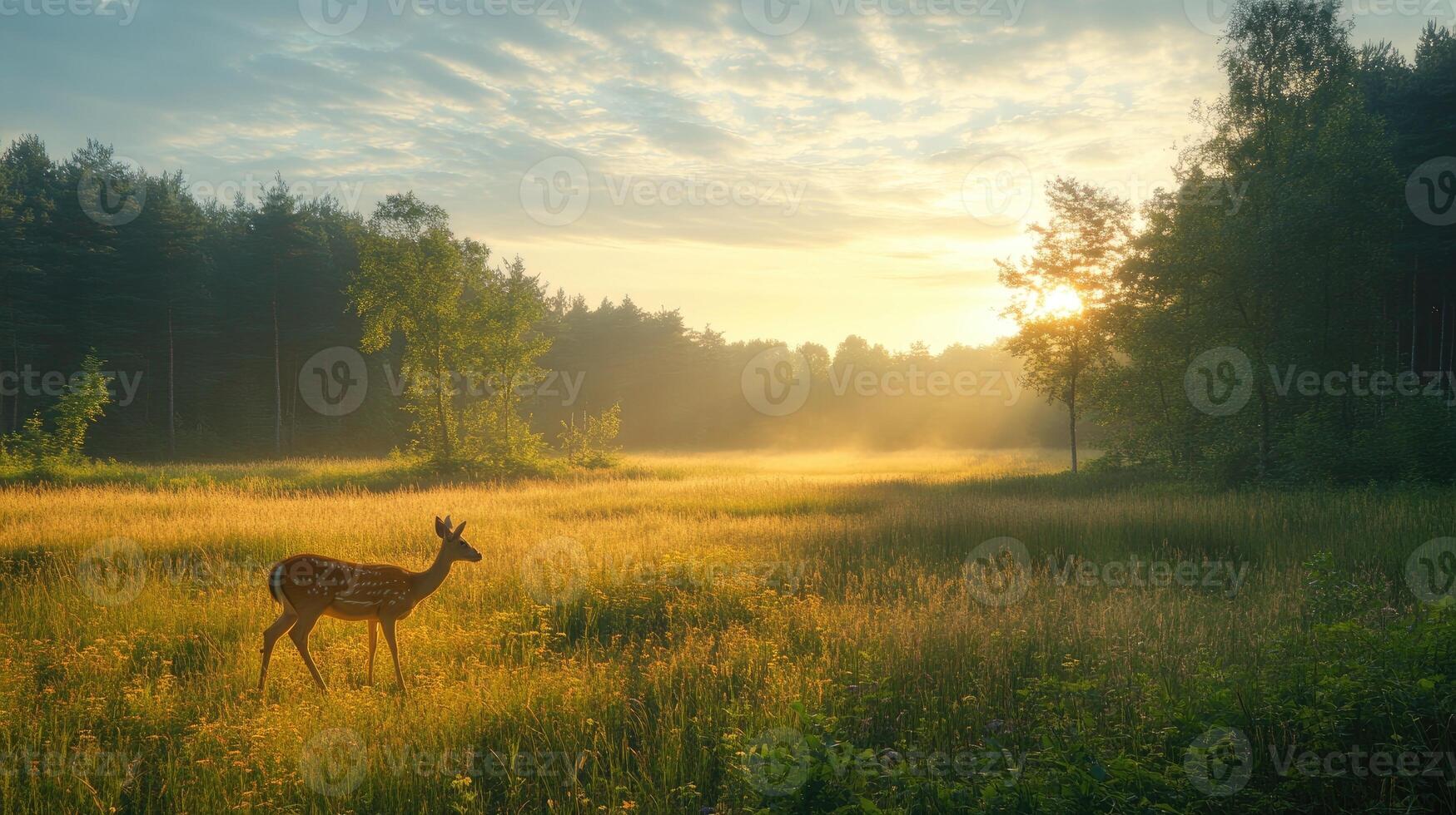Wild deer walking in a meadow at sunrise near the forest photo