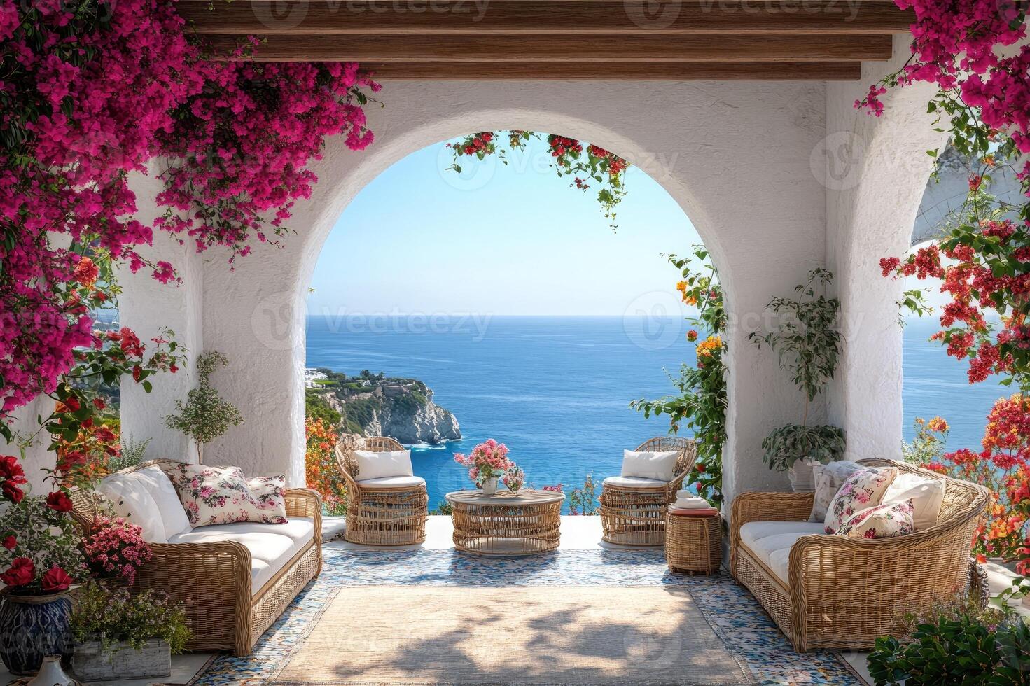 Bougainvillea blooming overlooking picturesque mediterranean sea view terrace photo