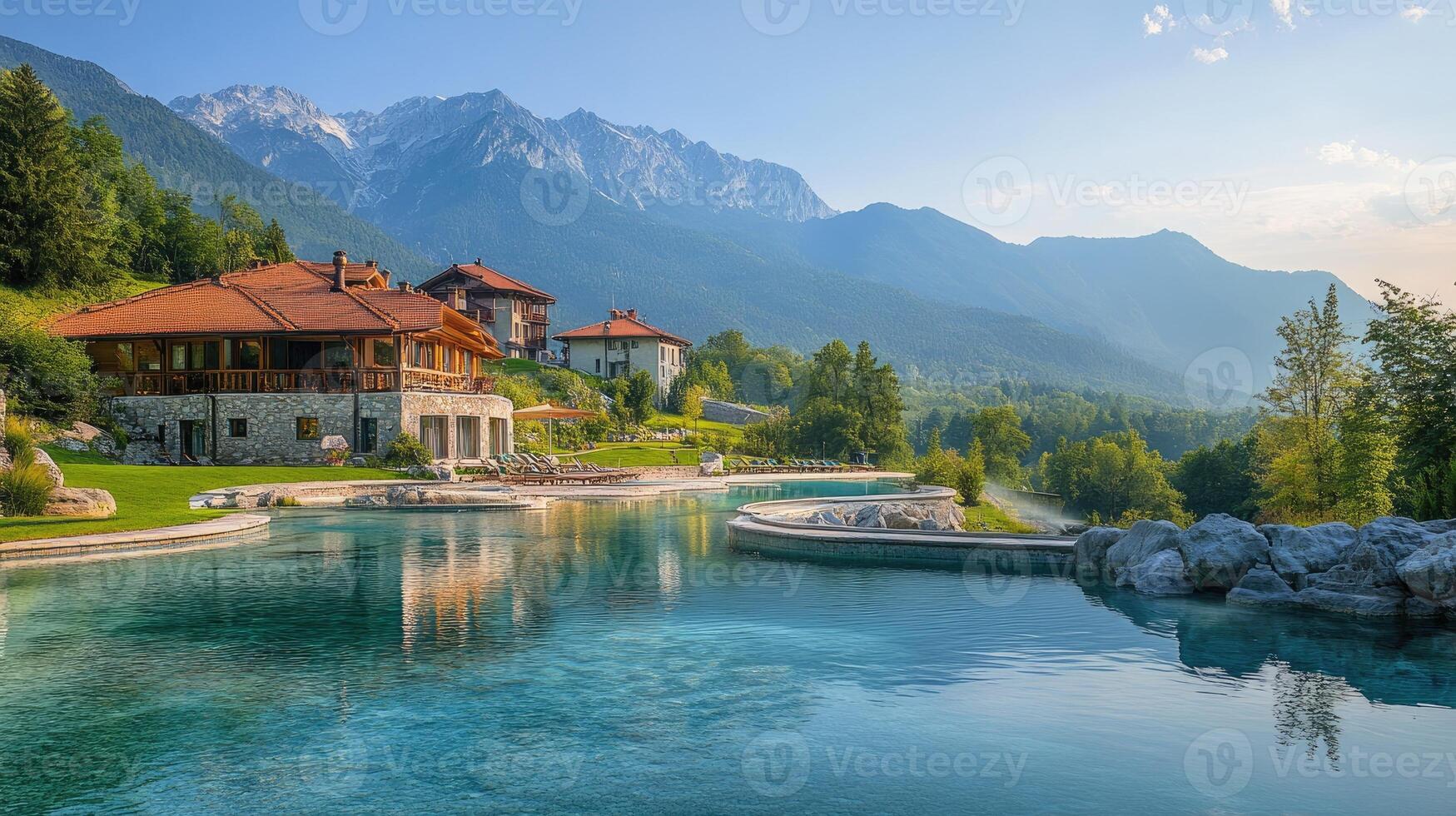 Luxurious mountain resort reflecting in swimming pool with stunning alpine scenery photo