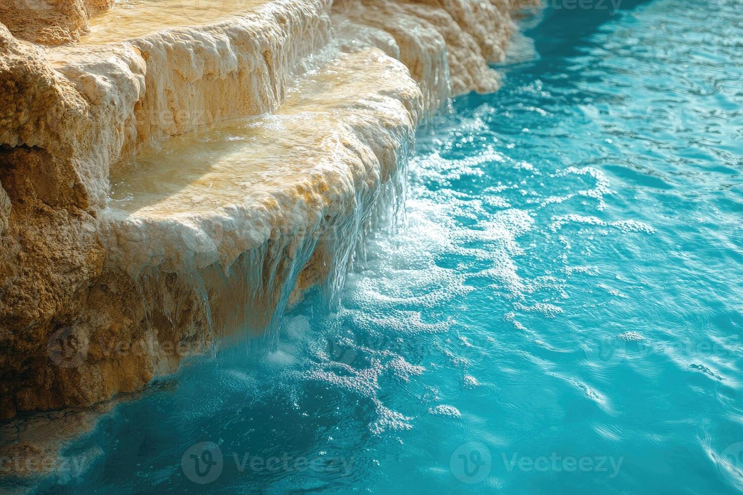 Artificial waterfall flowing into turquoise swimming pool on sunny day photo
