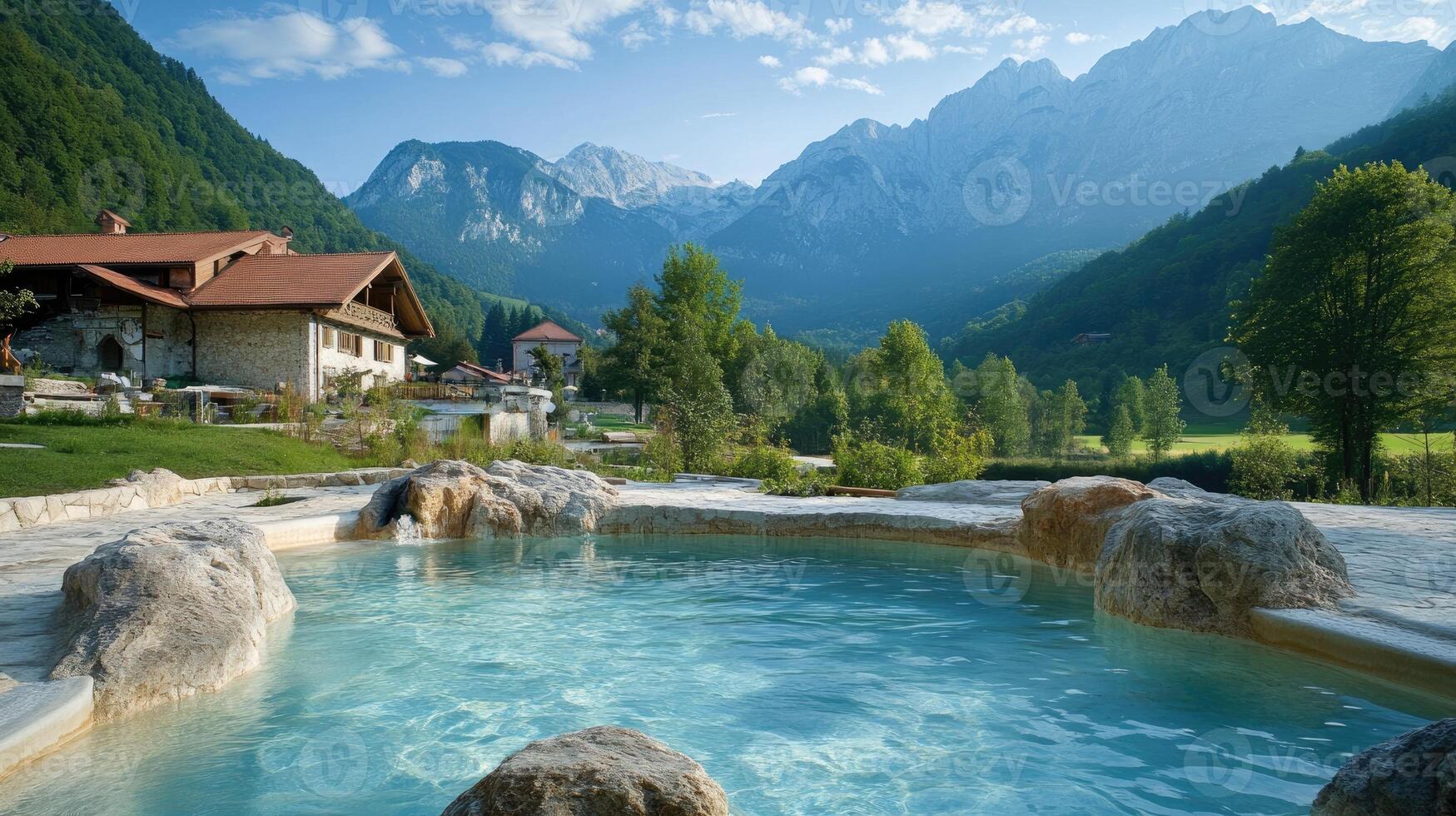 Relaxing spa resort pool overlooking breathtaking julian alps in slovenia photo