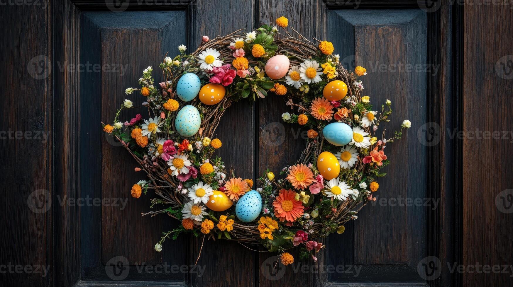 Easter wreath hanging on rustic wooden background with colorful eggs and spring flowers photo