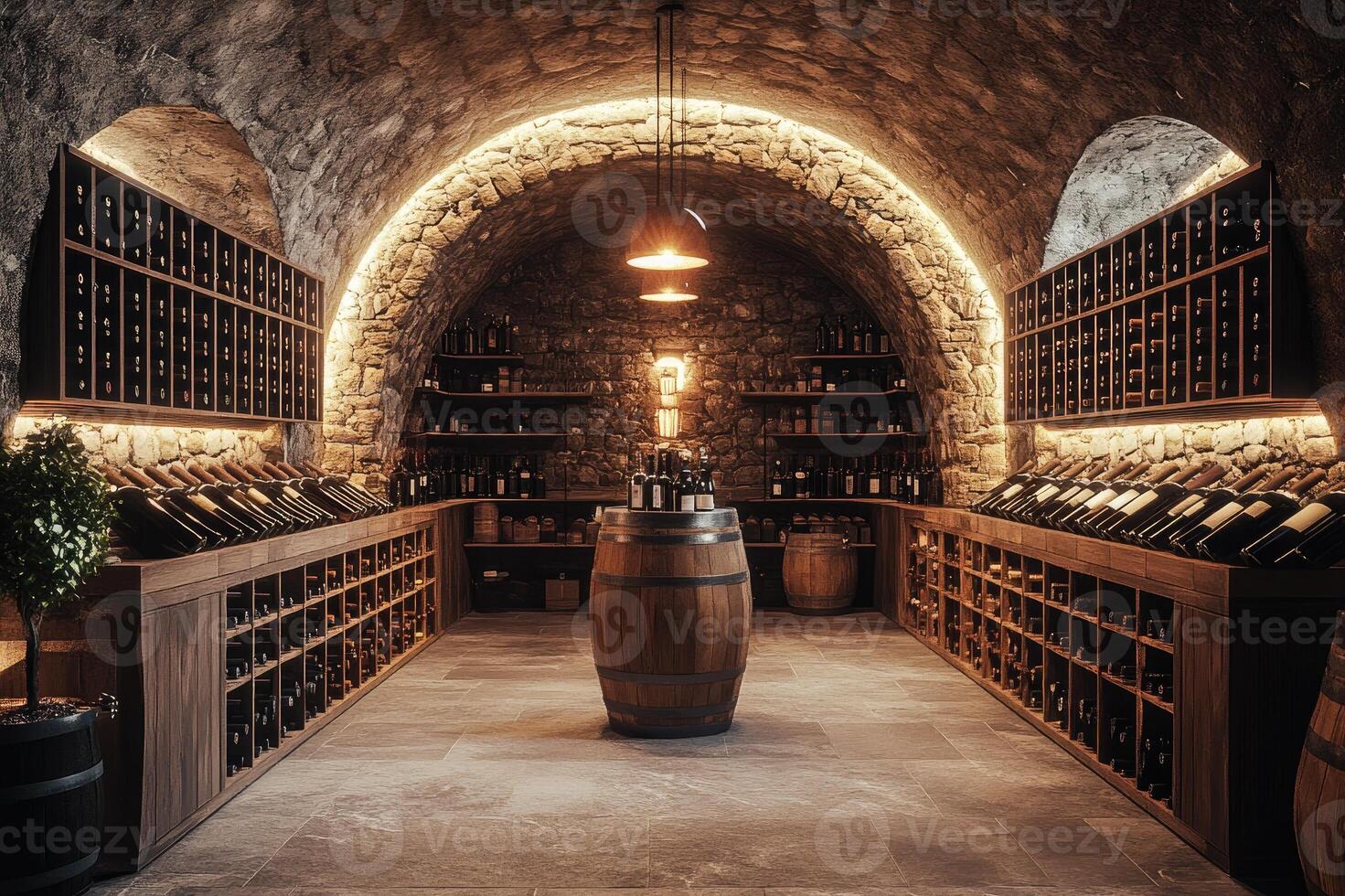 Wine cellar storing collection of vintage bottles displaying wealth and elegance photo