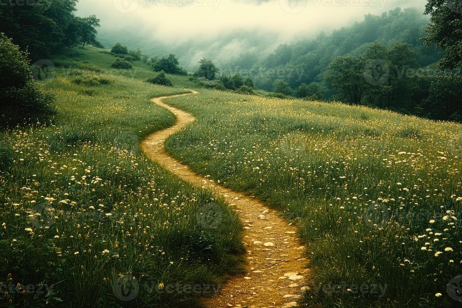 Winding path leading through a field of wildflowers in a misty mountain valley photo
