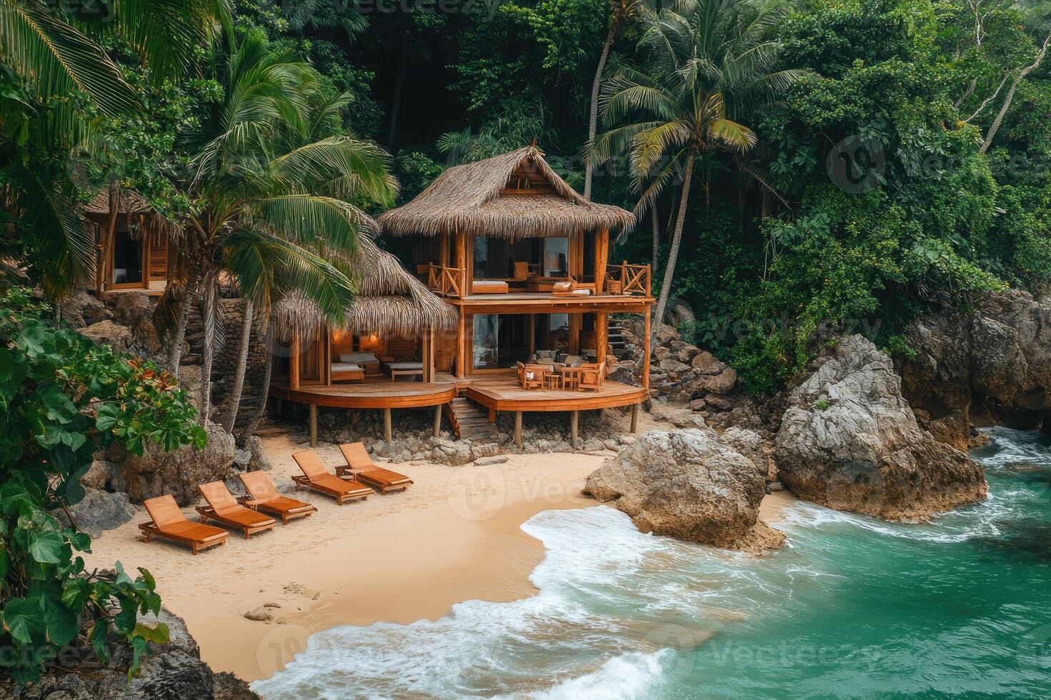 Luxurious tropical bungalow resort nestled on a secluded beach with crystal-clear turquoise water photo