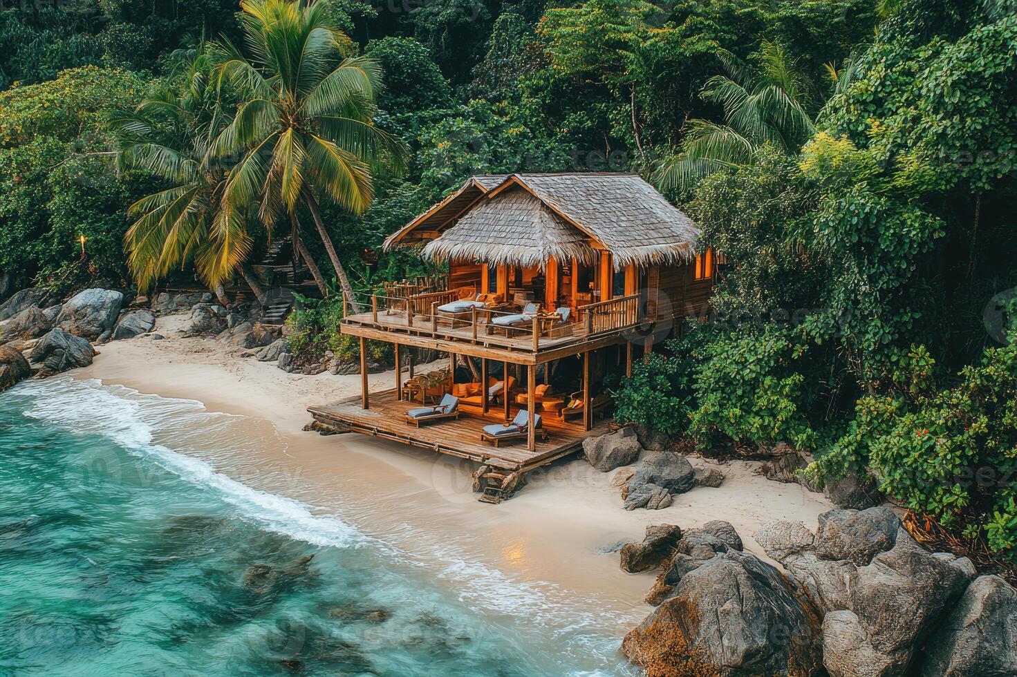 Luxurious tropical bungalow resort nestled on a secluded beach with crystal-clear turquoise water photo