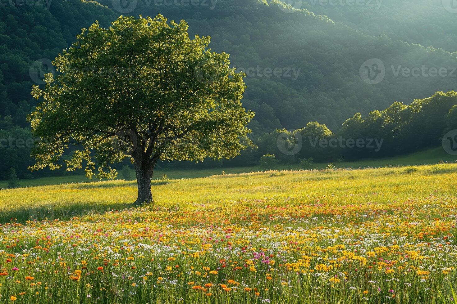 Lonely tree growing in a field of wildflowers with wooded hills in background photo
