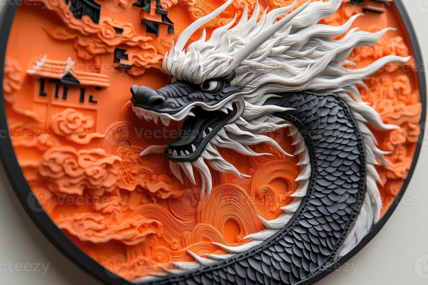 Majestic chinese dragon emerging from orange clouds and ancient temple photo