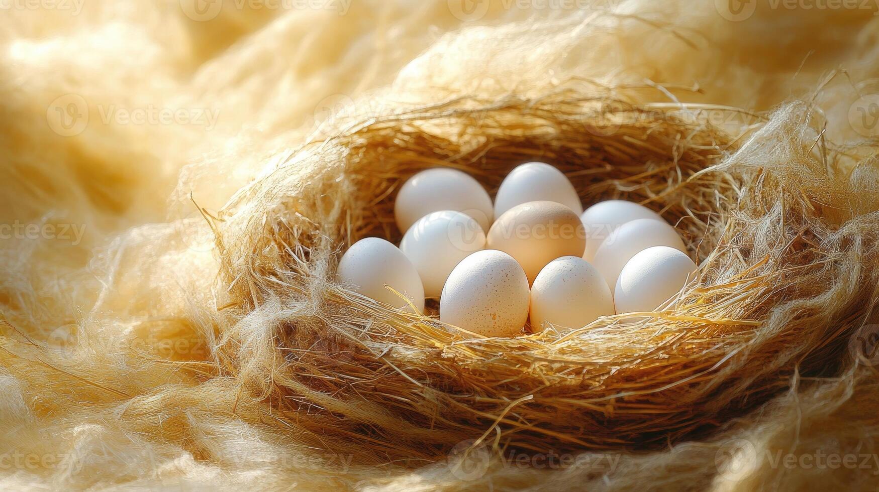 Chicken eggs resting in a cozy nest on soft golden fibers photo