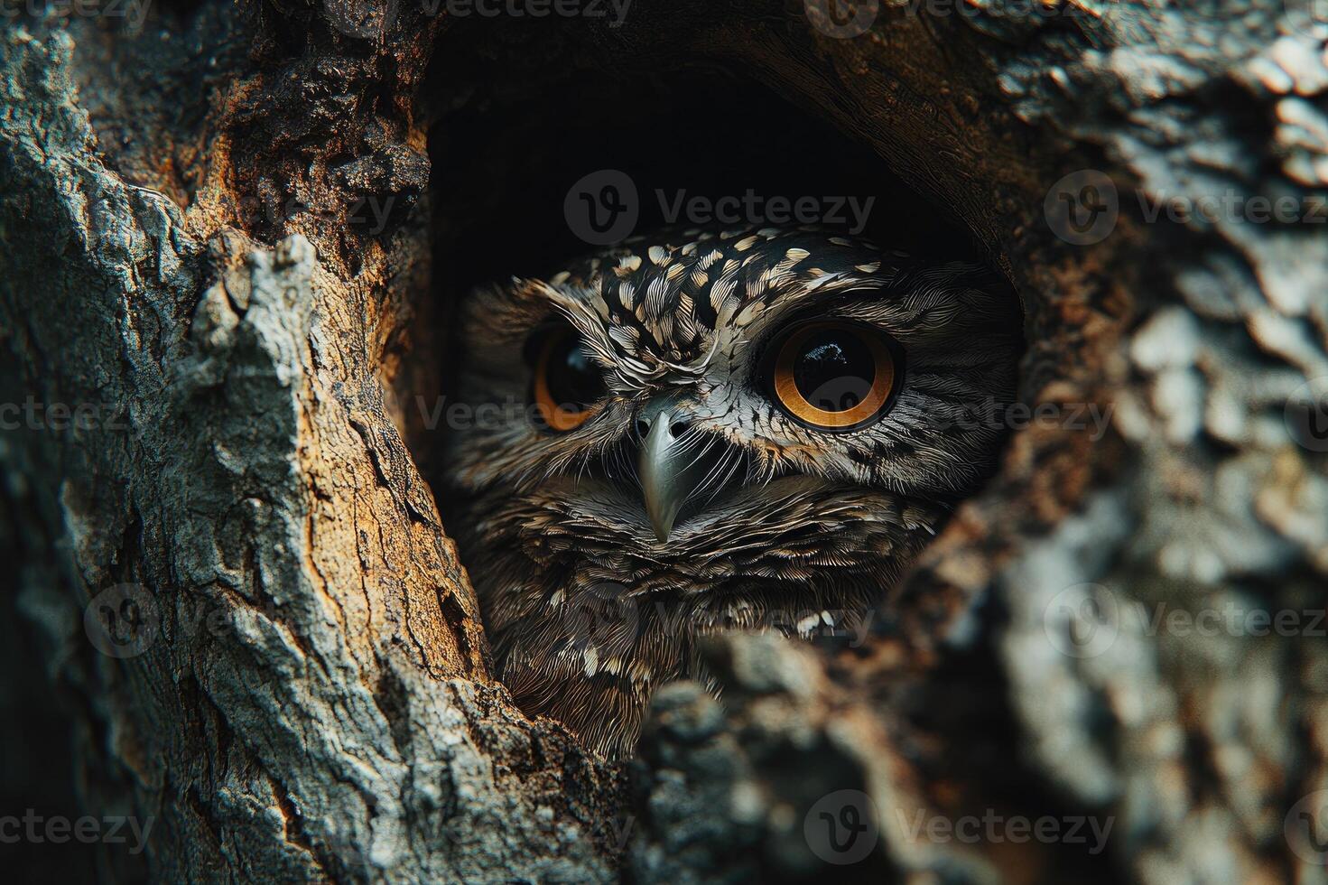 Owl staring from tree hollow, close-up of wild bird photo