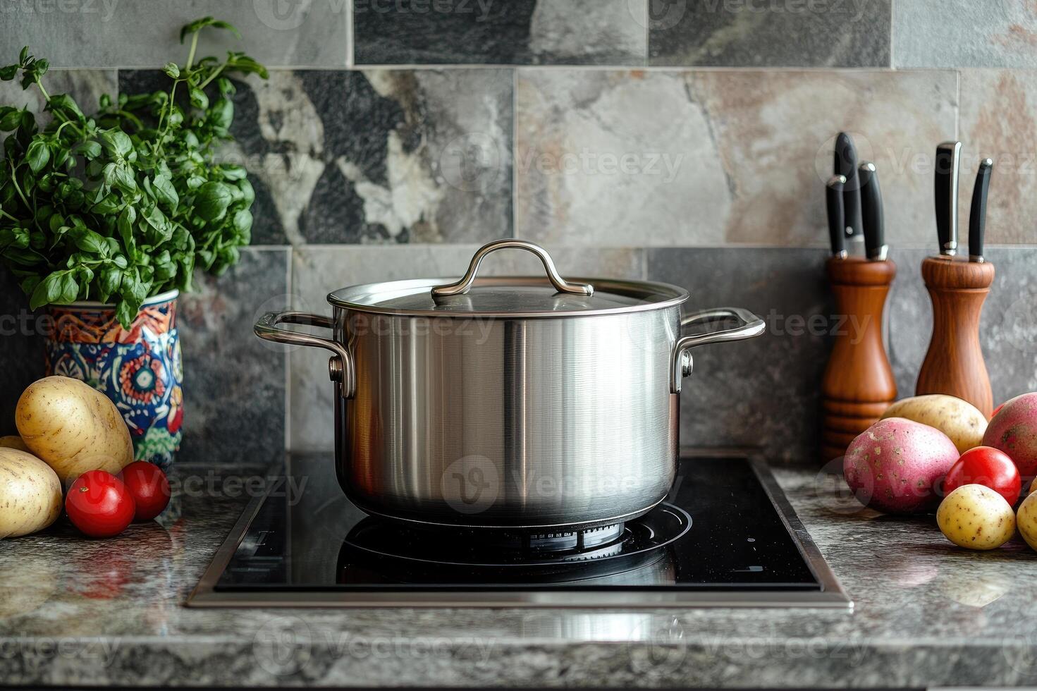 Stainless steel pot sitting on a modern induction stove top, ready for cooking photo