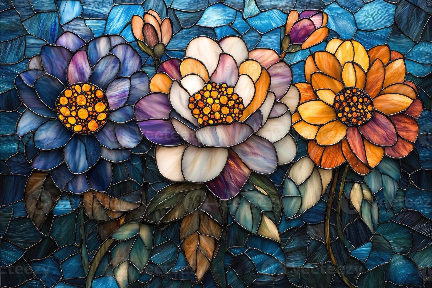 Colorful stained glass window showing blooming flowers photo