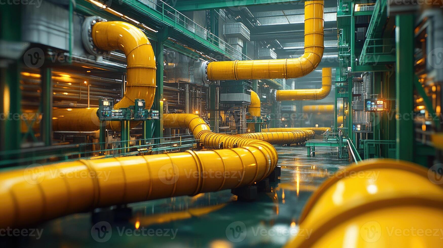 Yellow pipes distributing gas or liquids in industrial plant photo