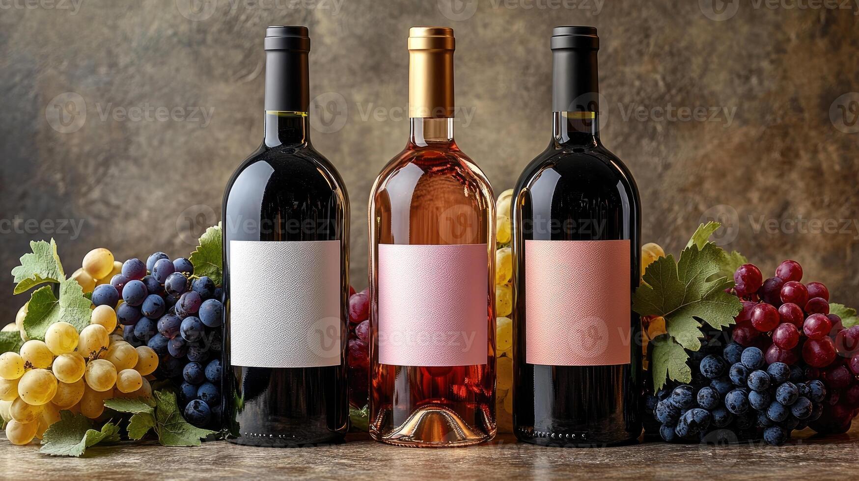 Wine bottles with blank labels displayed with fresh grapes photo