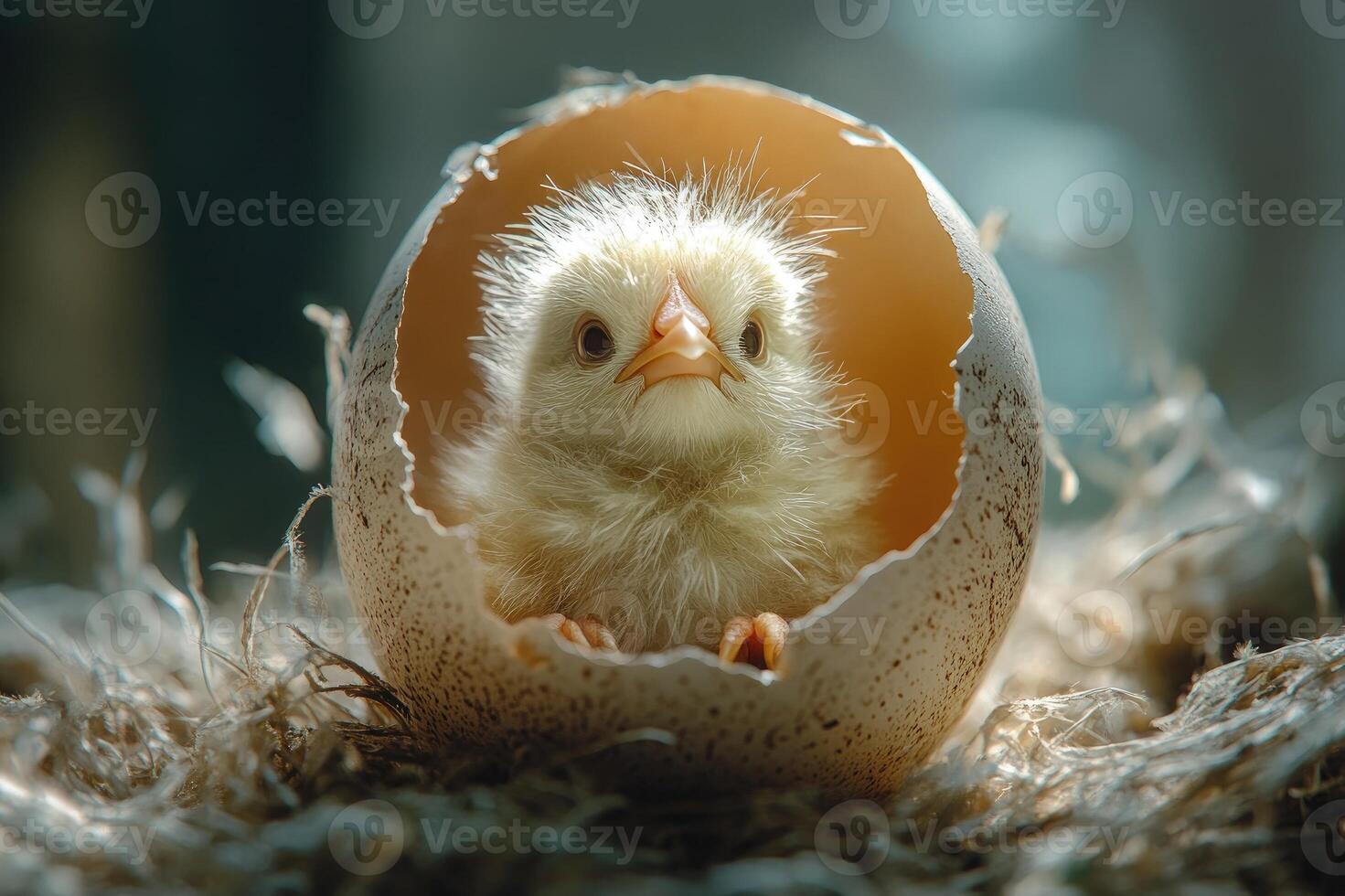 Newborn chick hatching from egg in a nest photo