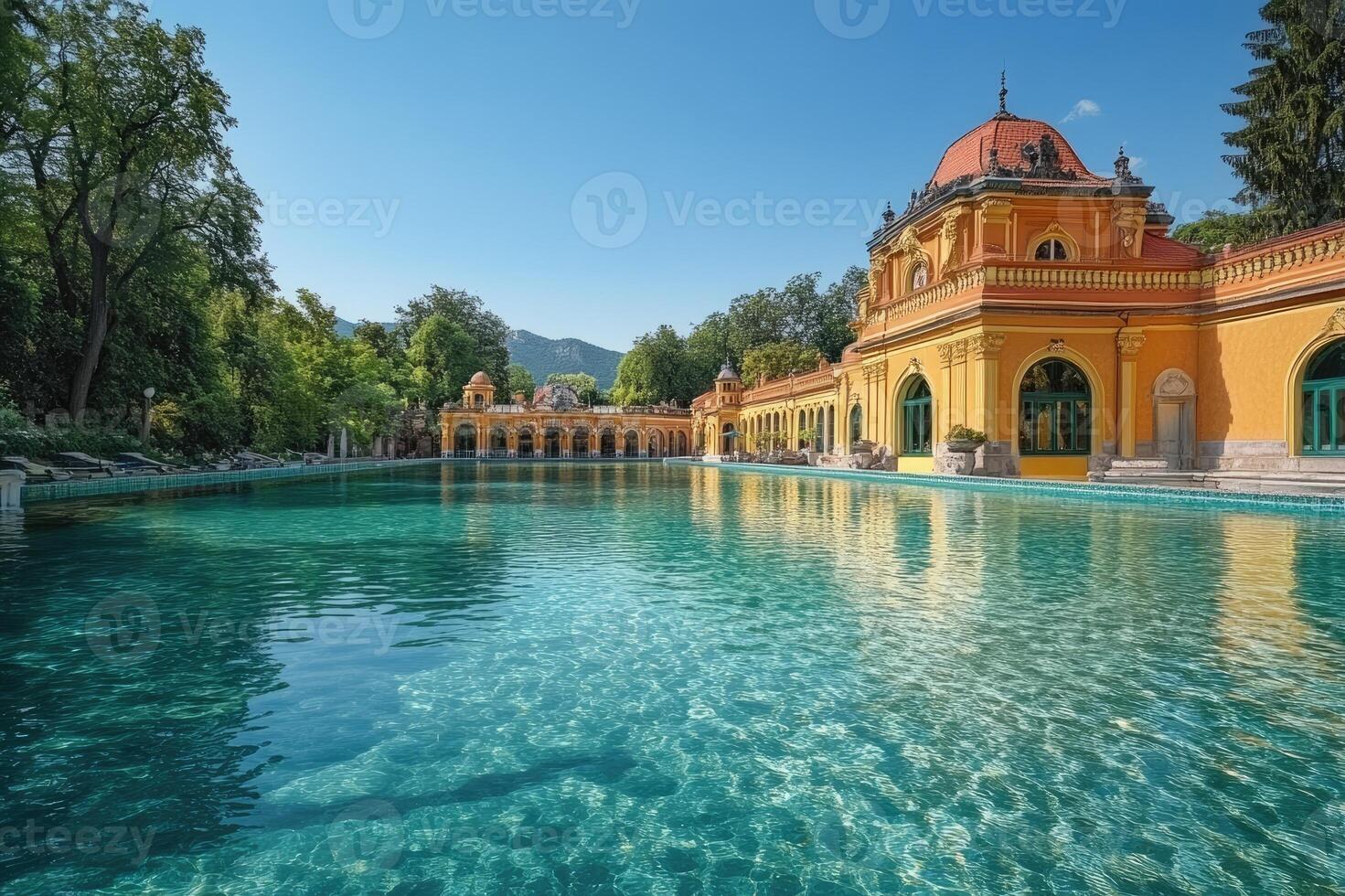 The hedervary thermal baths reflecting in the turquoise water in budapest photo