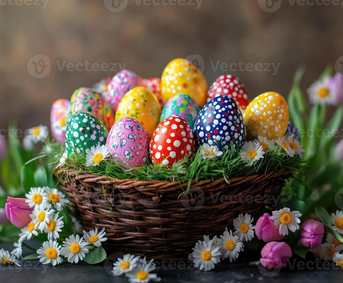 Colorful easter eggs resting in a basket with spring flowers photo