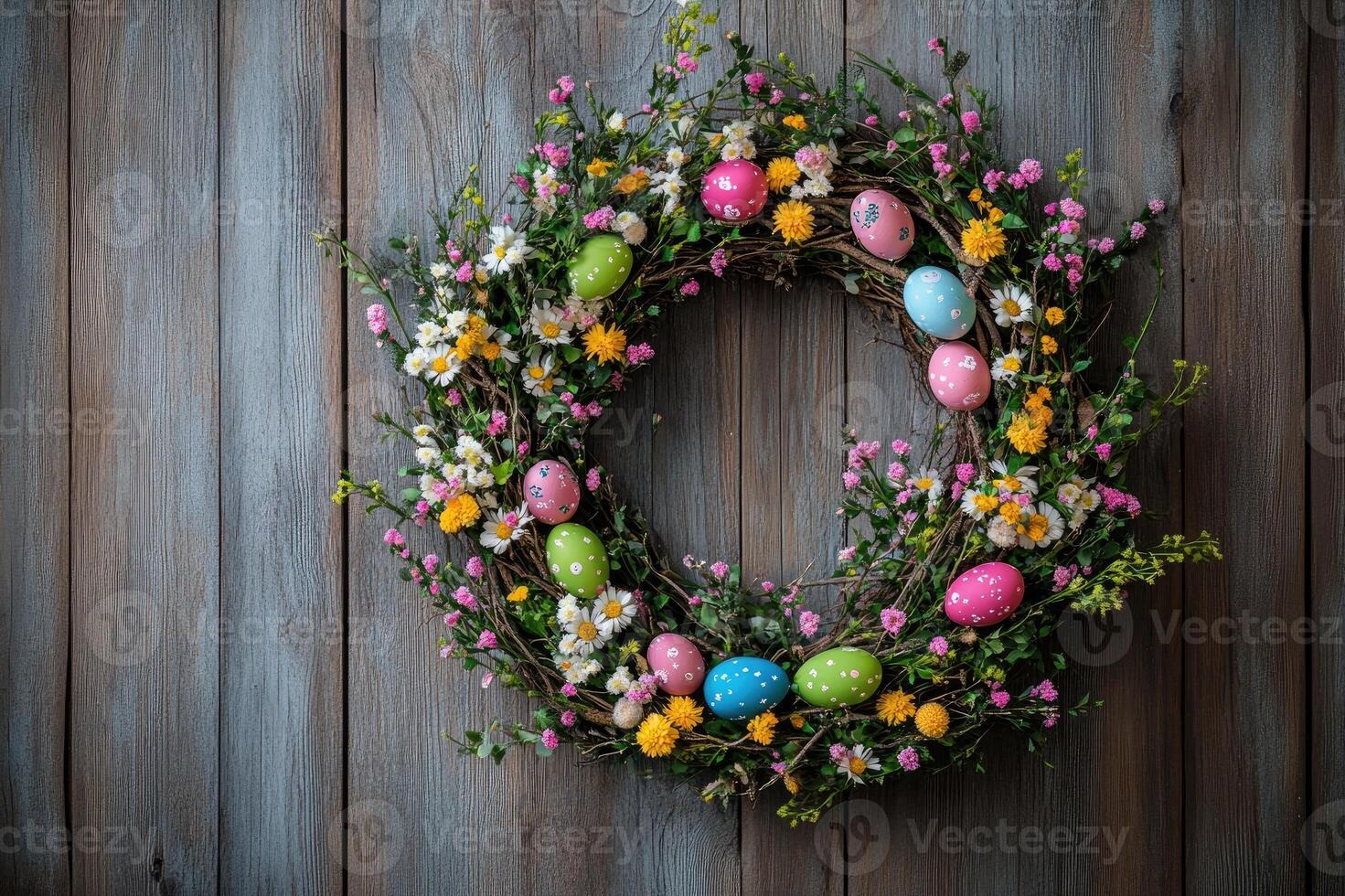 Easter wreath hanging on rustic wooden door, celebrating spring arrival photo