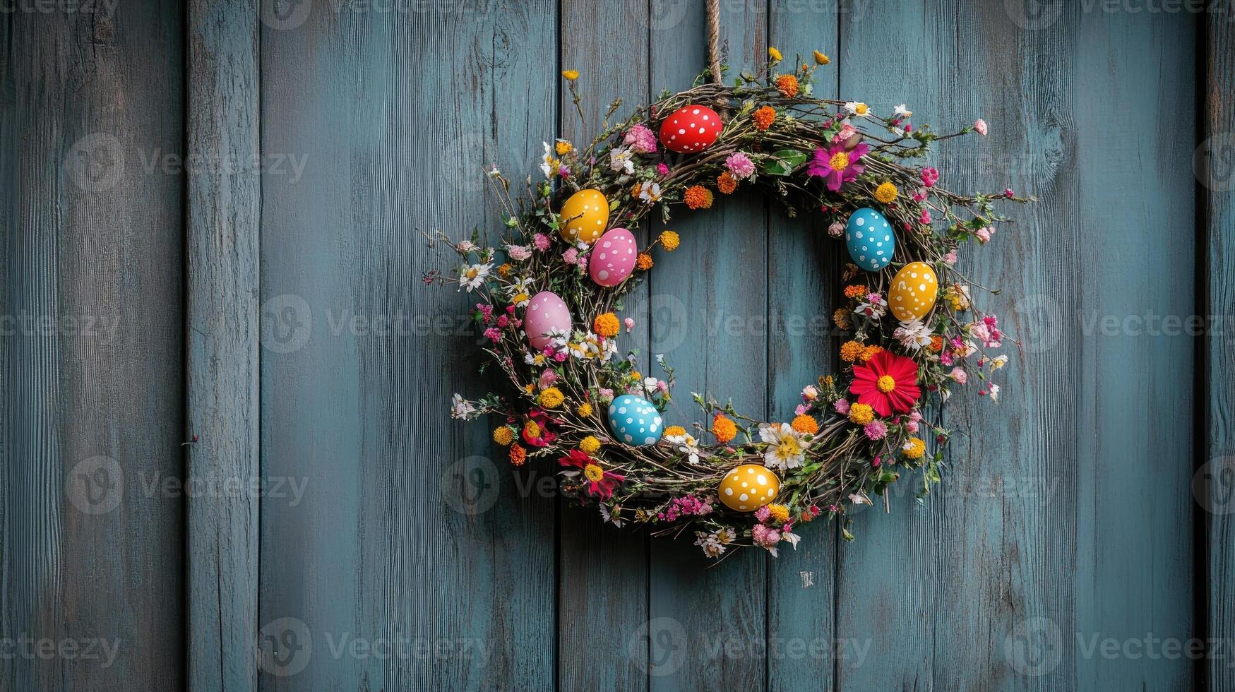Easter wreath hanging on rustic wooden background with colorful eggs and spring flowers photo