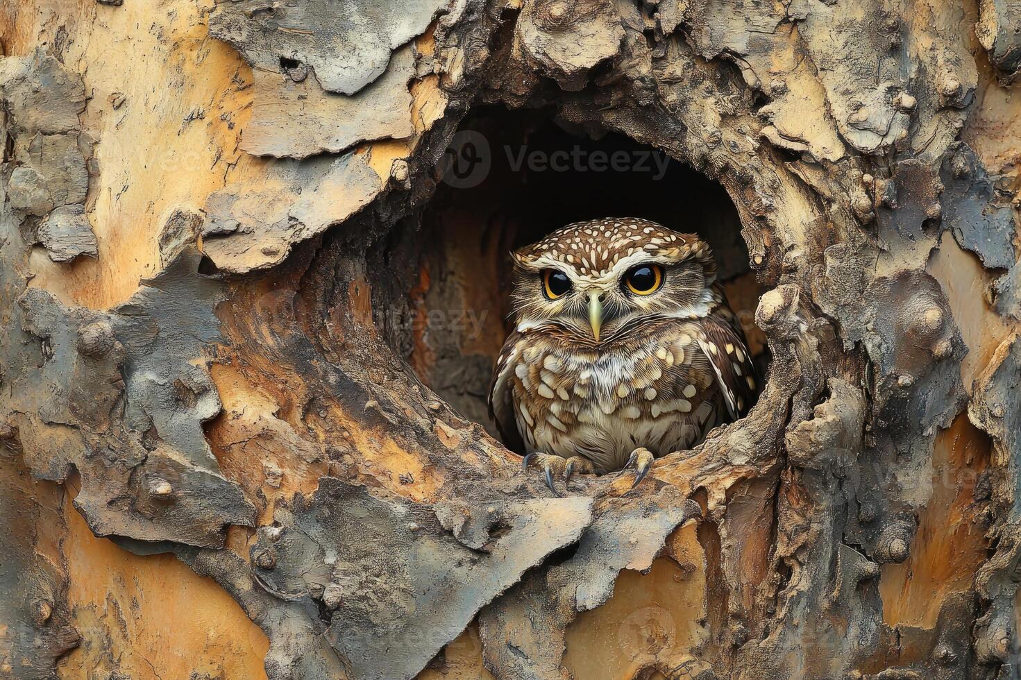 Spotted owlet resting in tree hollow, wildlife portrait photo