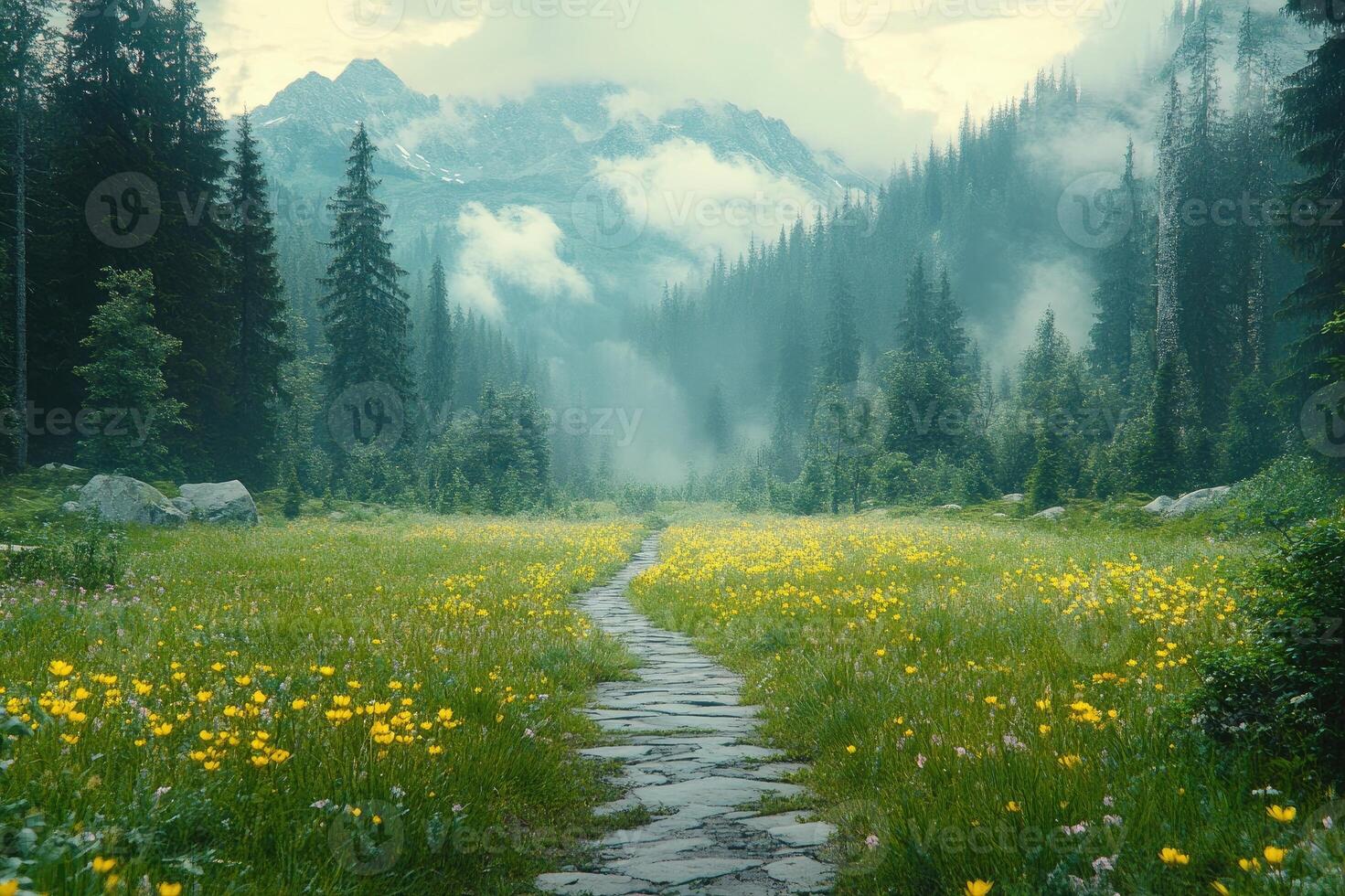 Winding path leading through green meadow in mountain valley photo