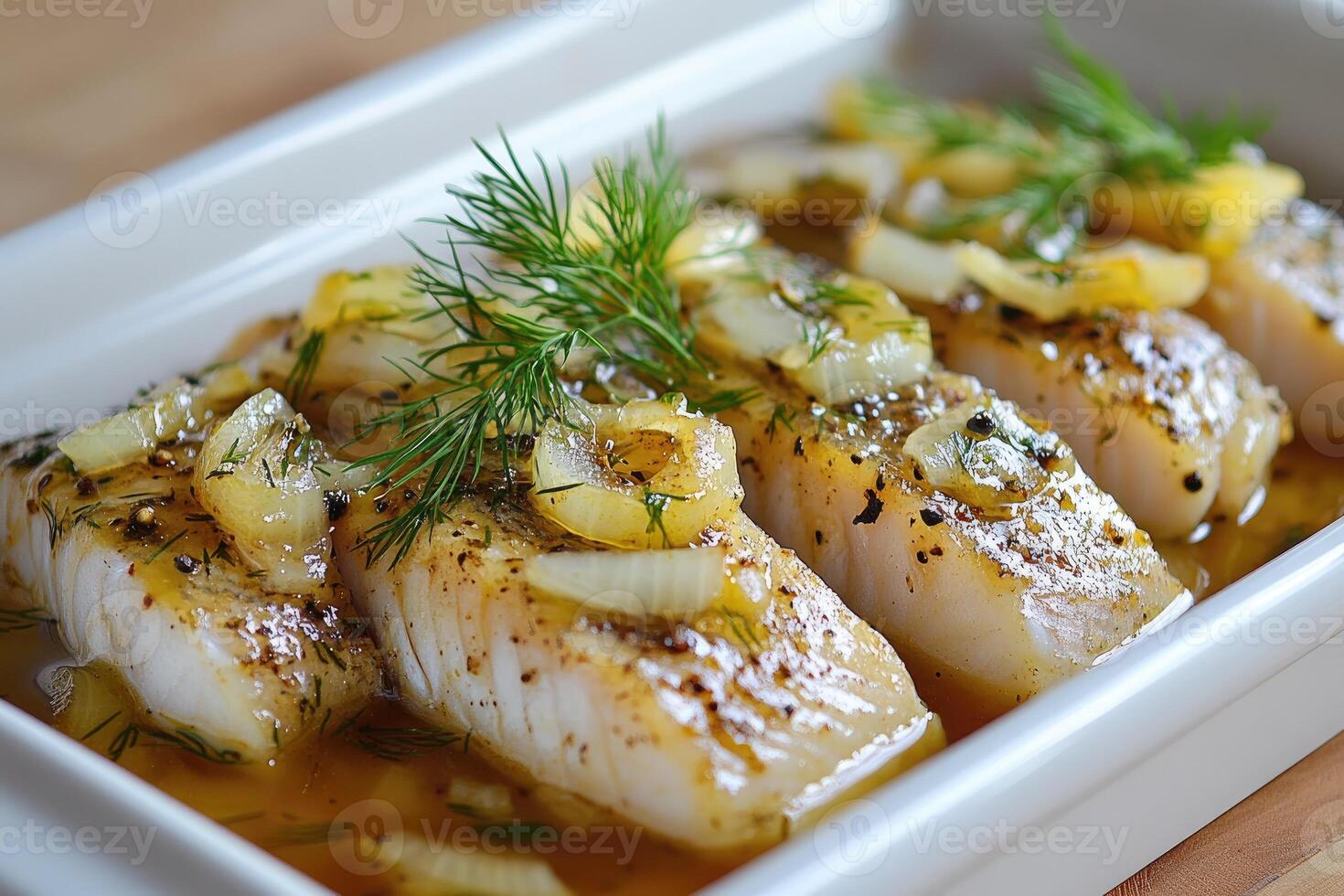 Delicious baked fish fillets with onions and dill in white ceramic dish photo