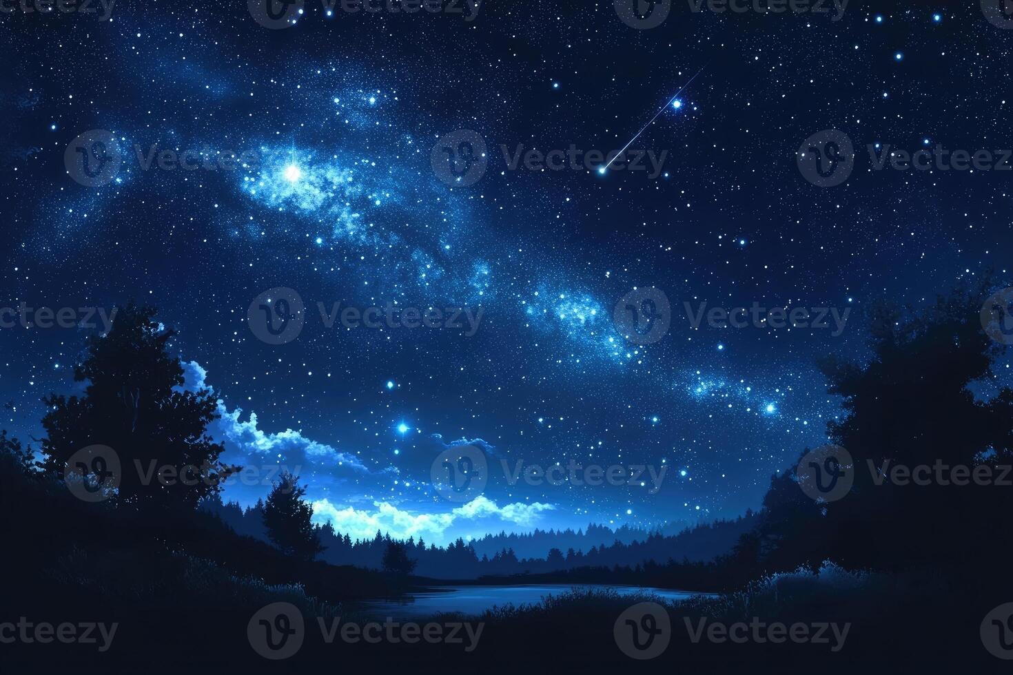 Shooting star flying over a lake at night with milky way and trees photo