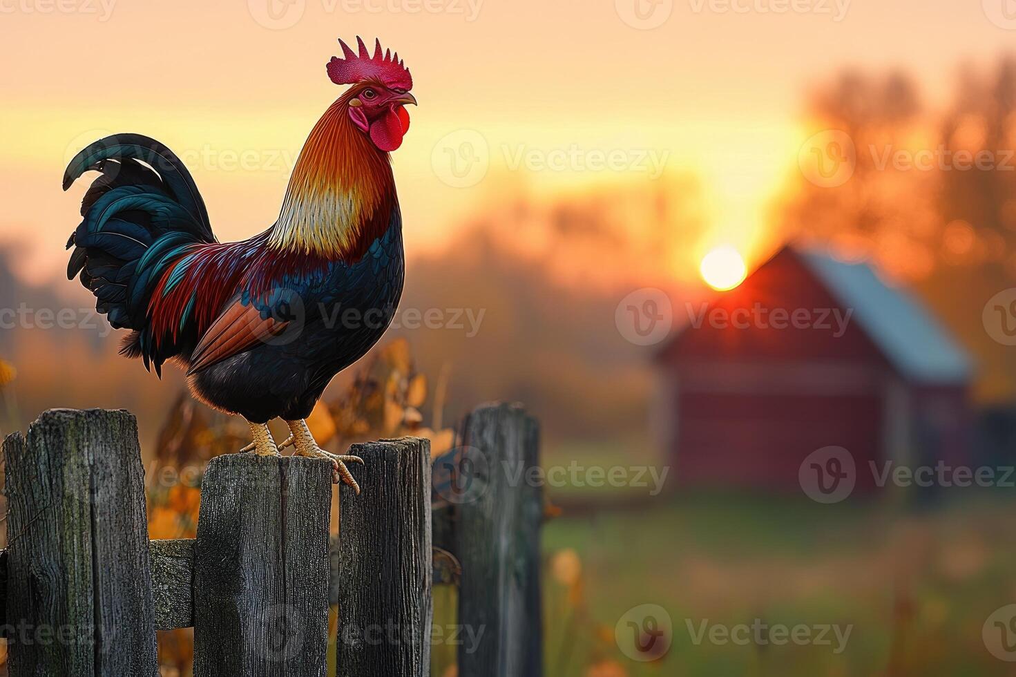 Colorful rooster crowing at sunrise on a fence in a farmyard photo