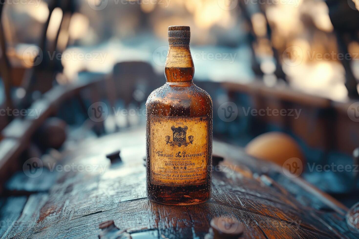 Old bottle of alcohol resting on a barrel on a ship deck in golden hour photo