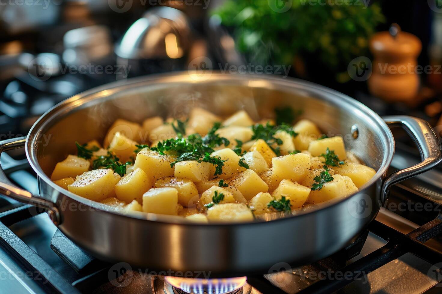 Steaming baby potatoes with thyme cooking on gas stovetop photo