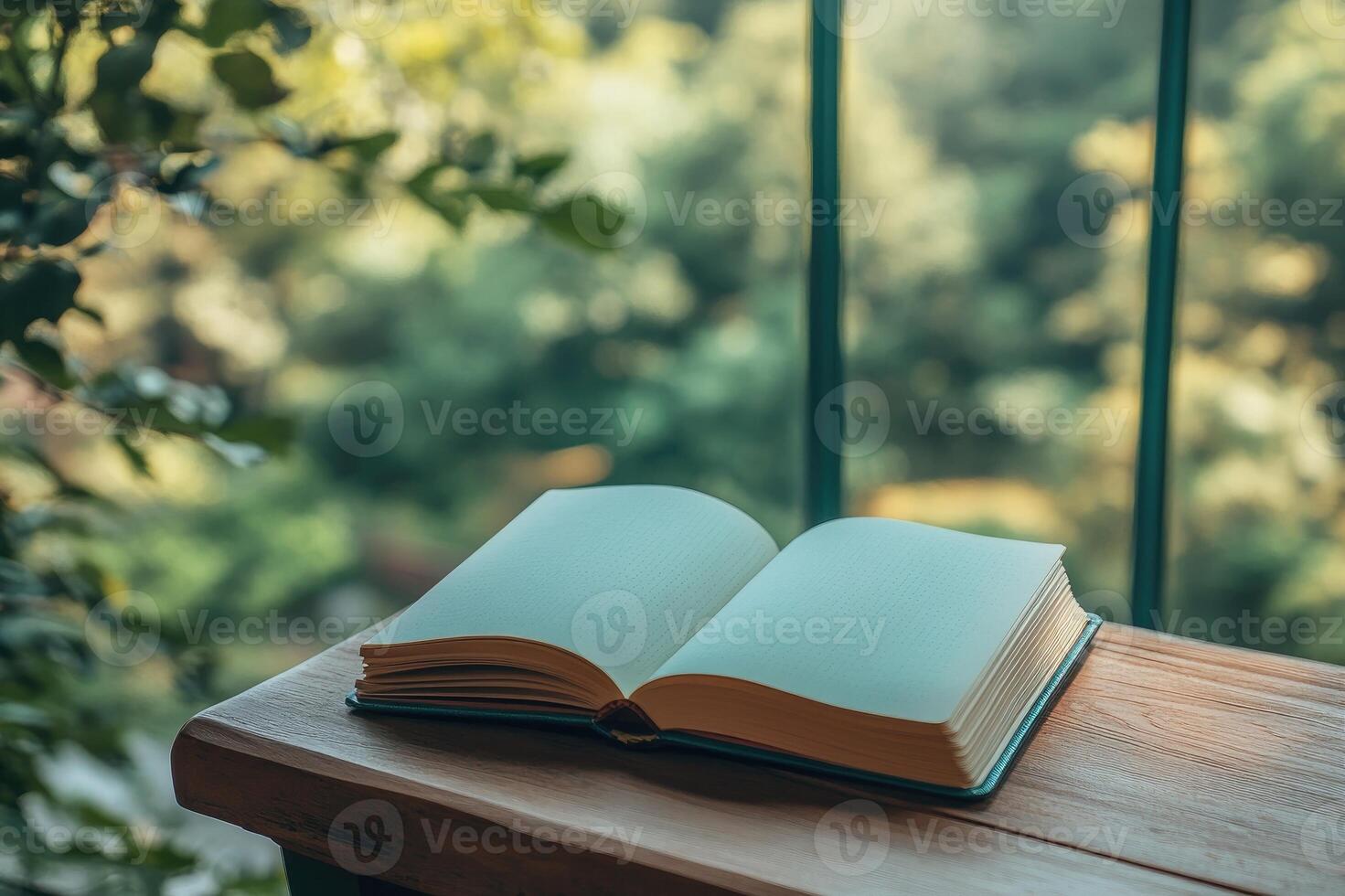 Open notebook lying on wooden table by window with garden view photo