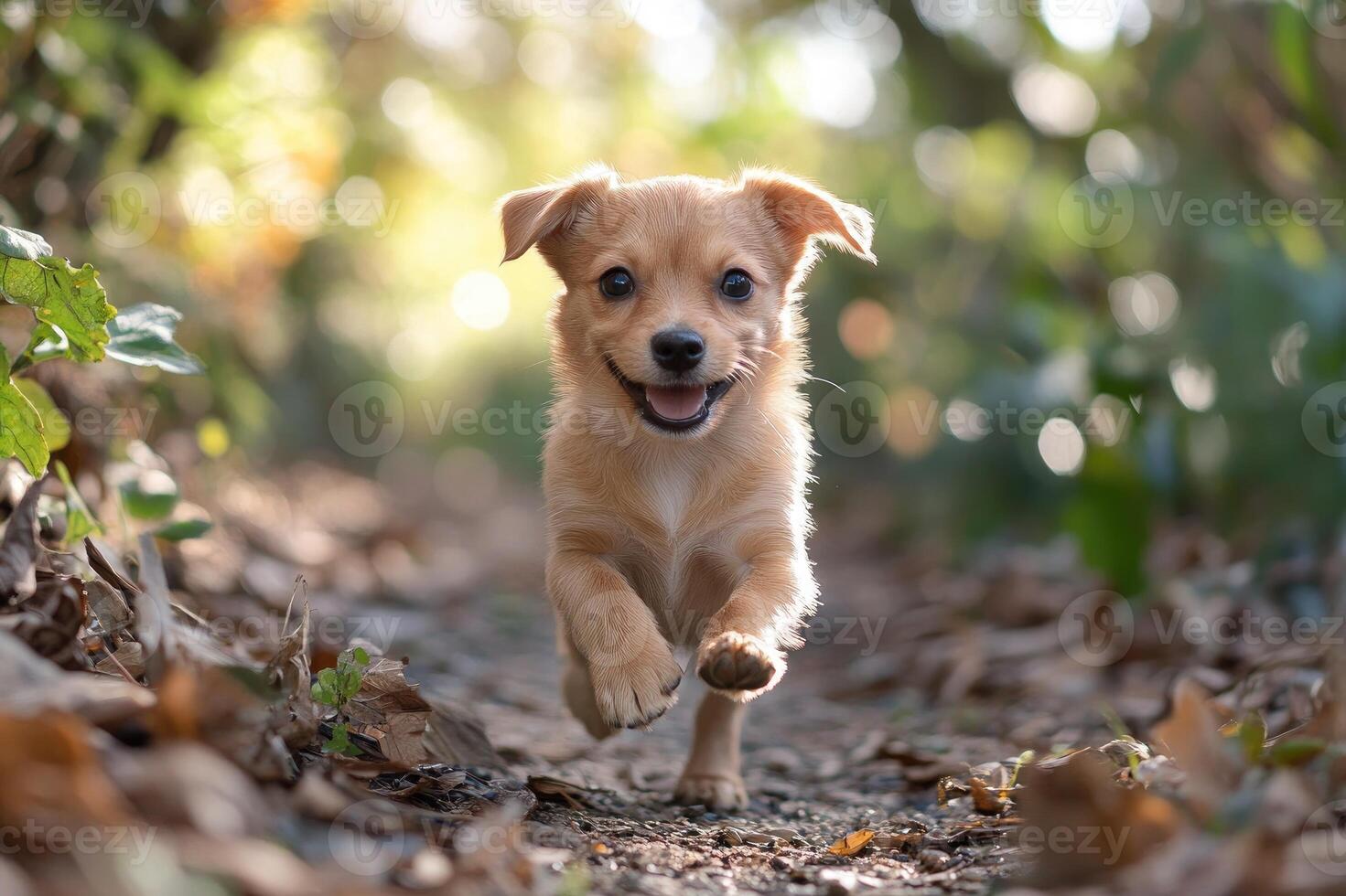 Happy puppy running on a path in the woods photo