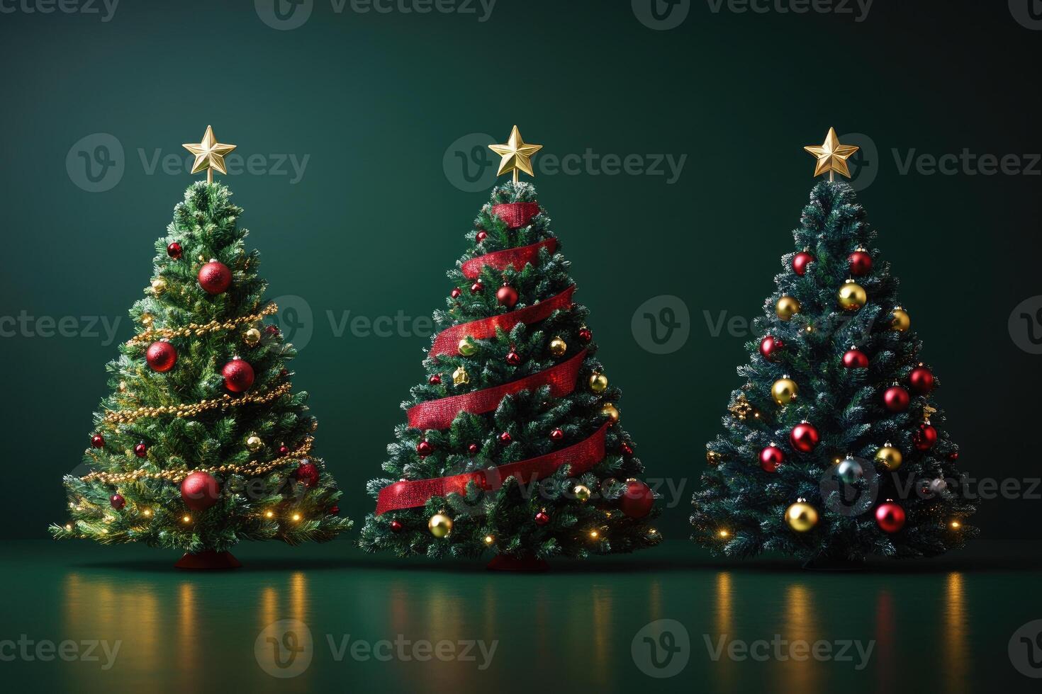 Festive christmas trees decorated with ornaments and lights photo