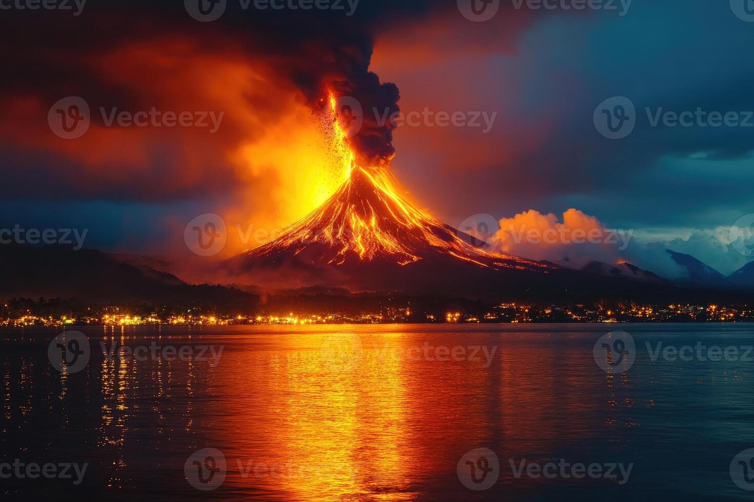 Volcano erupting at night over coastal city with lava and smoke photo