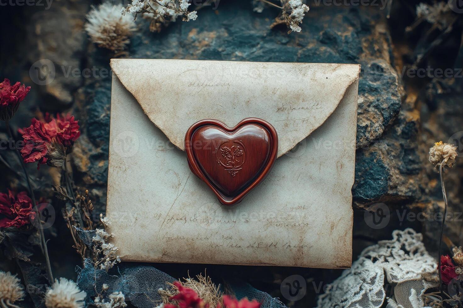 Old envelope sealed with heart-shaped wax on wooden table with dried flowers photo